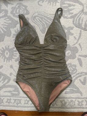 J. Crew Olive Gold Sparkle Ruched One-Piece Swimsuit